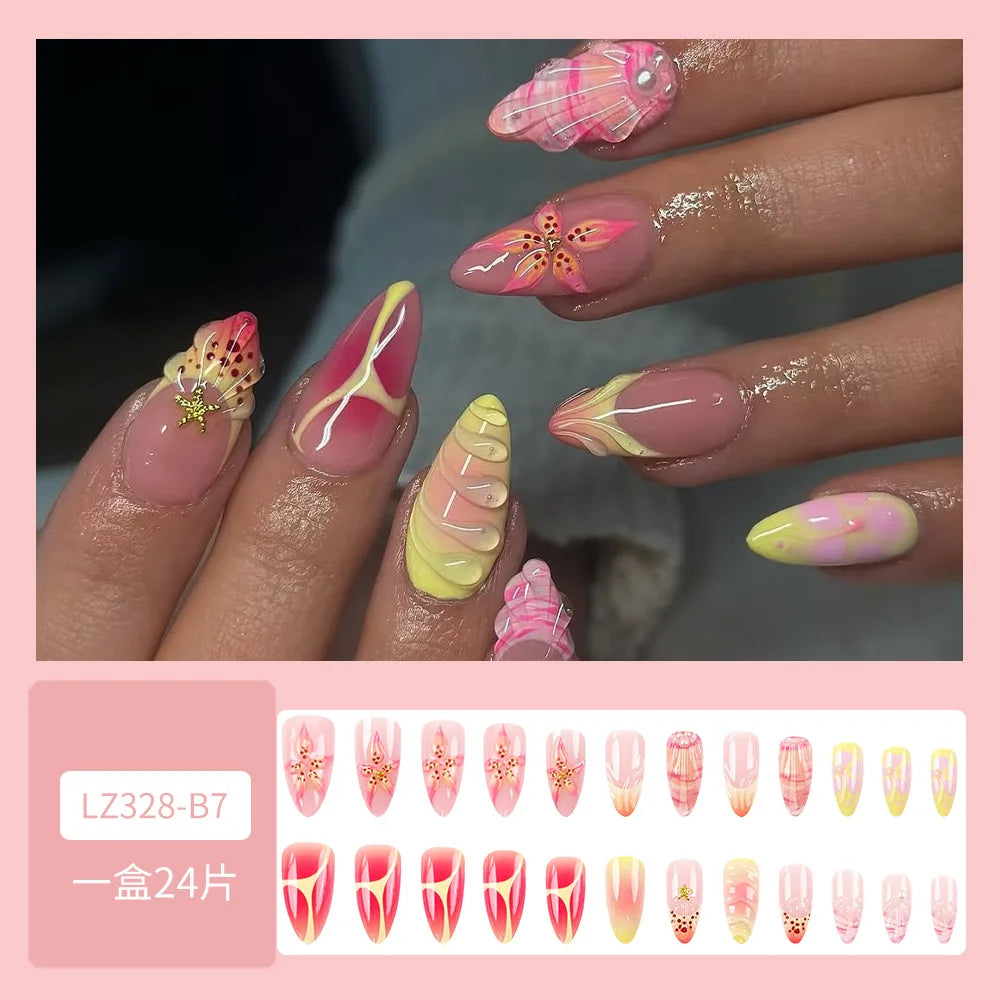 24pcs Sweet Pink Flower Press on Nails Ins Pink Blush Almond False Nails Wearable Reusable Fashion Korean Fake Nails for Women 4