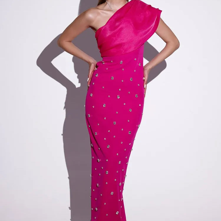 Women Sexy One Shoulder Diamonds Pink Black Maxi Long Bodycon Bandage Dress Elegant Evening Club Party Dress