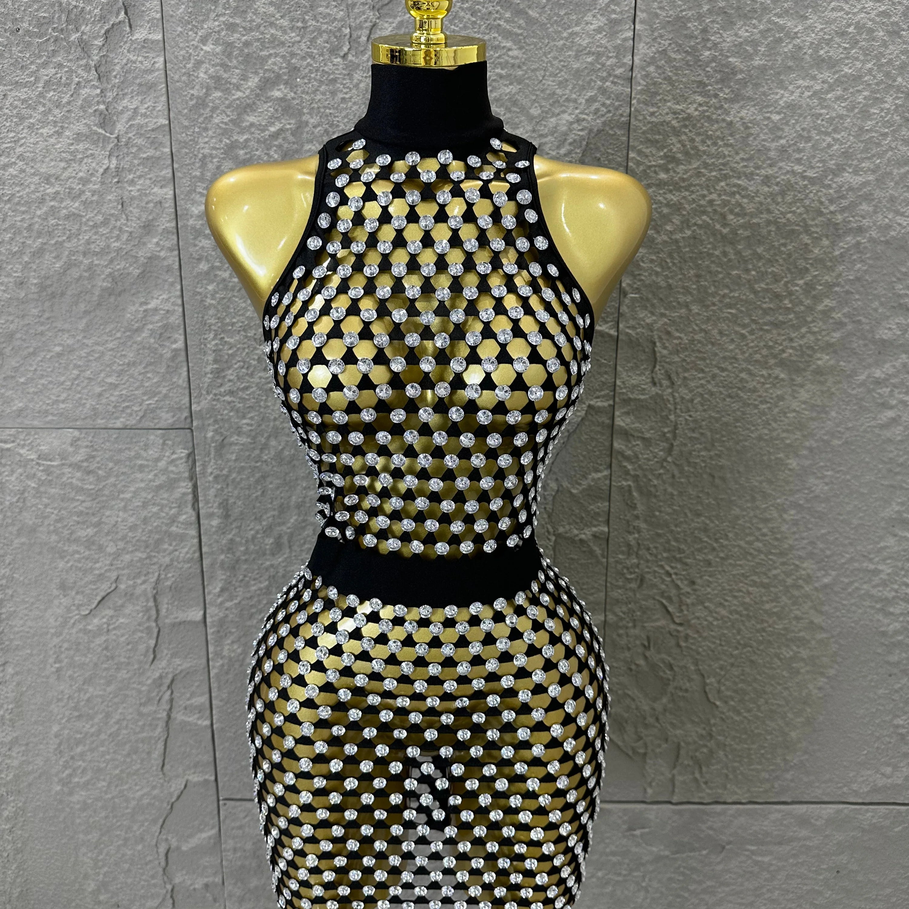 Luxury 2026 Glamorous Black Mesh Halter Mini Dress Sparkle Rhinestone Gold Silver Bead Bodycon Bar Stage Performance Costume