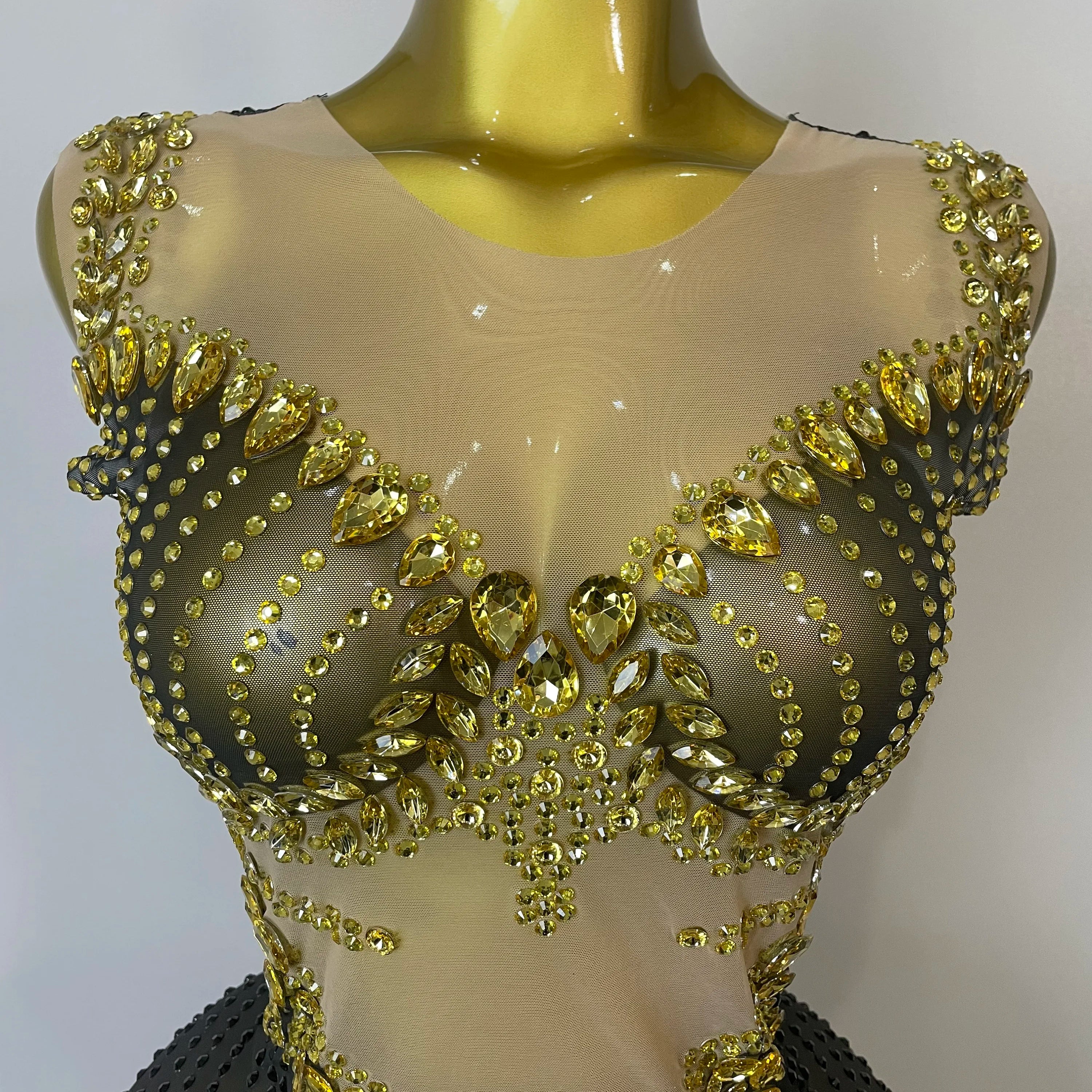 2025 Sparkly Gold Rhinestone Transparent Sleeveless Mini Dress Evening Birthday Celebrate Party Nightclub Performance Costume