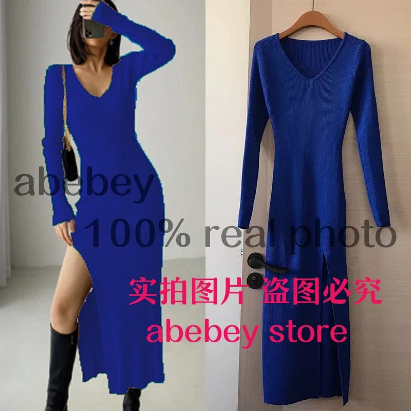 spring and winter sexy French slit sweater dress female slim tight-fitting hip-knit over-the-knee dresses royal blue