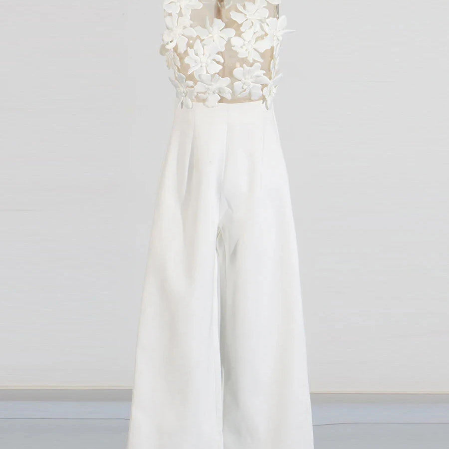 Solid Slimming Spliced Appliques Jumpsuits for Women V Neck Sleeveless High Waist Elegant Jumpsuit Female Fashion WHITE