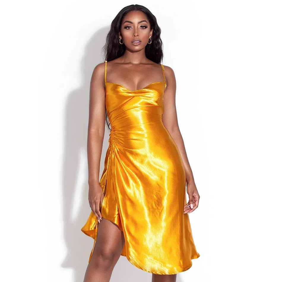 Ailigou Green Gold Satin Sling Midi Summer Sexy Halter Female Asymmetric Pleated Dress Female Elegant Christmas Party Vestidos Gold