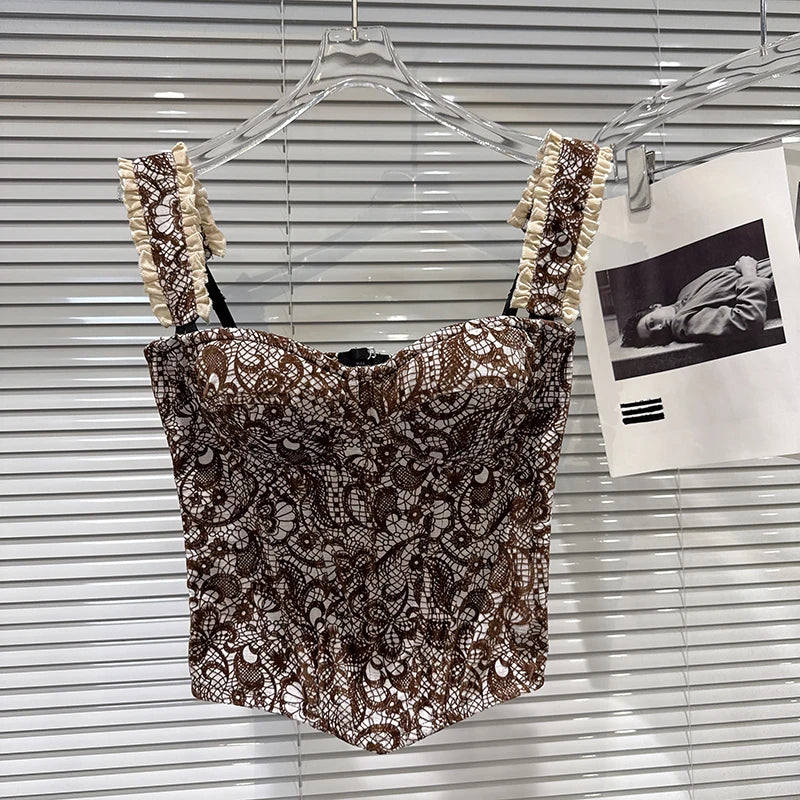 Winter New Fashion Floral Pattern Lace Shoulder Strap Fishbone Chest Pad Camisole For Women Outwear Tank Top 11A07941 Brown
