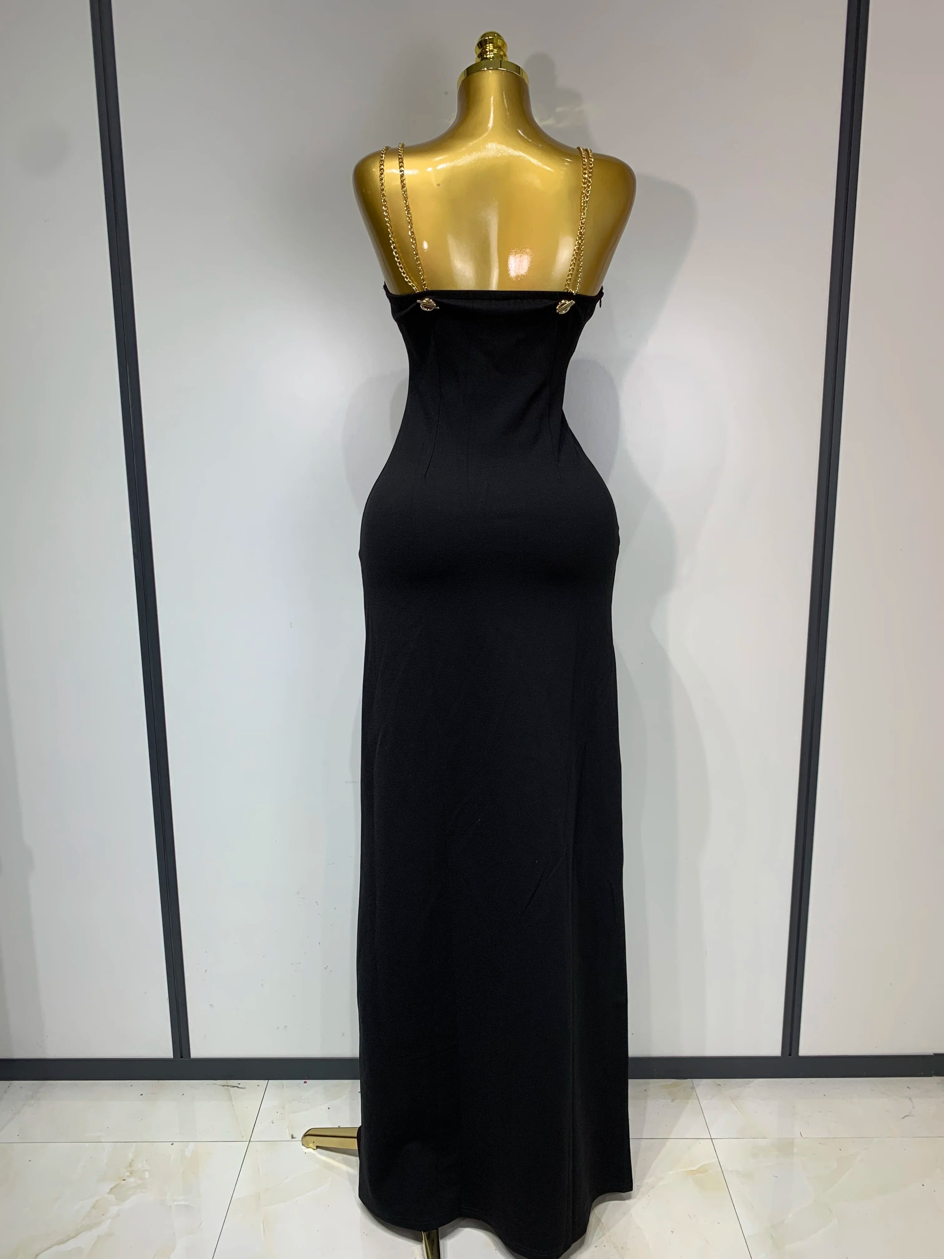Women Sexy Sleeveless Square Colalr Chain Bodycon Maxi Long Dress Elegant Evening Party Fashion Celebrate Birthday Dress