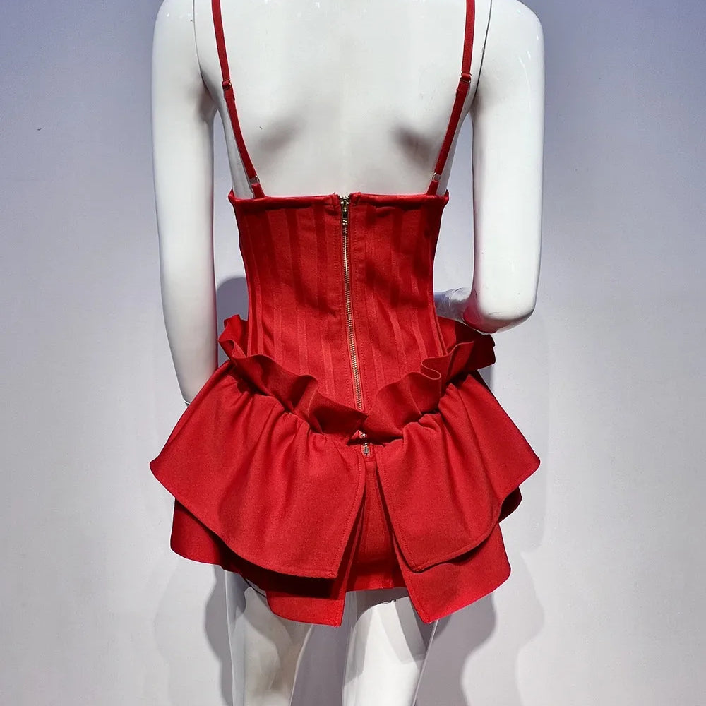 Red Color Women Sexy Sleeveless V-Neck Bodycon Mini Bandage Dress Ruffles Fashion Celebrate Nightclub Party Birthday Dress