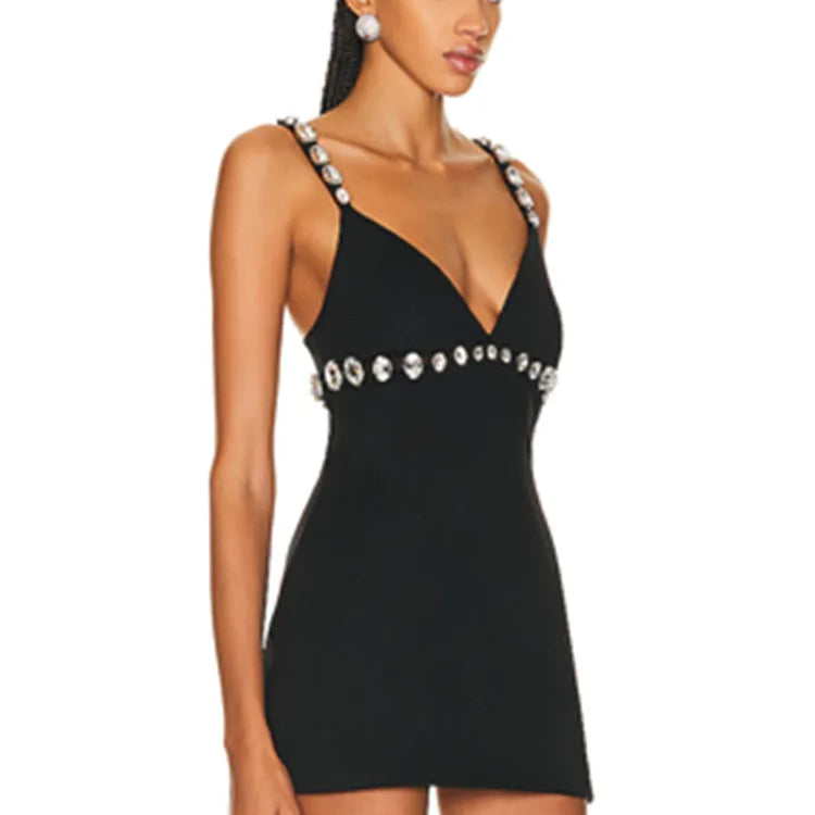 Women Celebrity Sexy V Neck Beading Rhinestone Black Mini Bodycon Bandage Dress Elegant Evening Club Party Dress