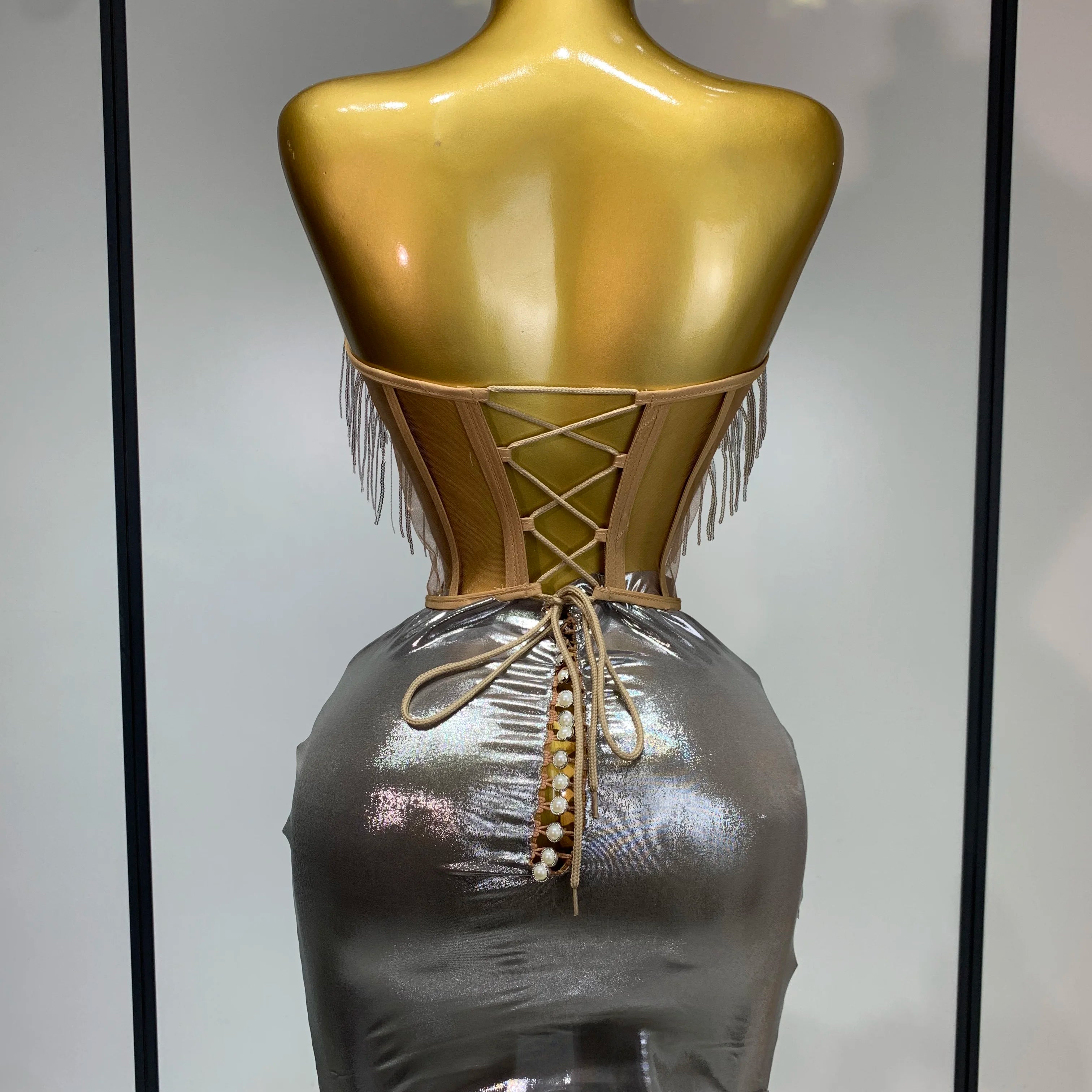 Sparkly Sliver Rhinstones tassels Top Skirt Two Piece Set Women Sexy Strapless Nightclub Birthday Evening Party Stage Outfit