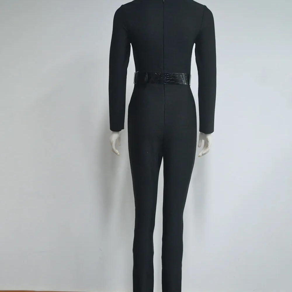 2025 New Women'S Bandage Pencil Jumpsuit V-Neck Long Sleeved Tight Black Waistband Design+Jumpsuit Evening Party Jumpsuit