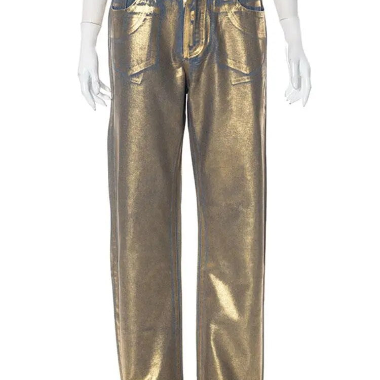 ZHYMIHRET Gold Stamping Straight Jeans For Women 2024 Autumn Winter Metallic Denim High Waist Pants Streetwear Y2K Clothing