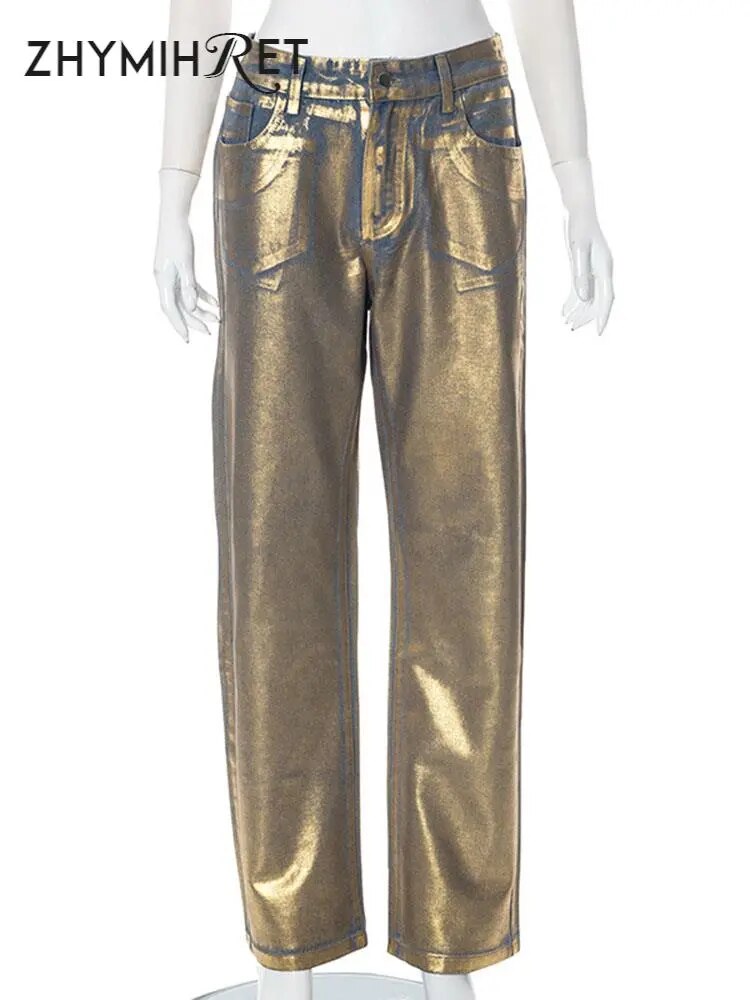 ZHYMIHRET Gold Stamping Straight Jeans For Women 2024 Autumn Winter Metallic Denim High Waist Pants Streetwear Y2K Clothing