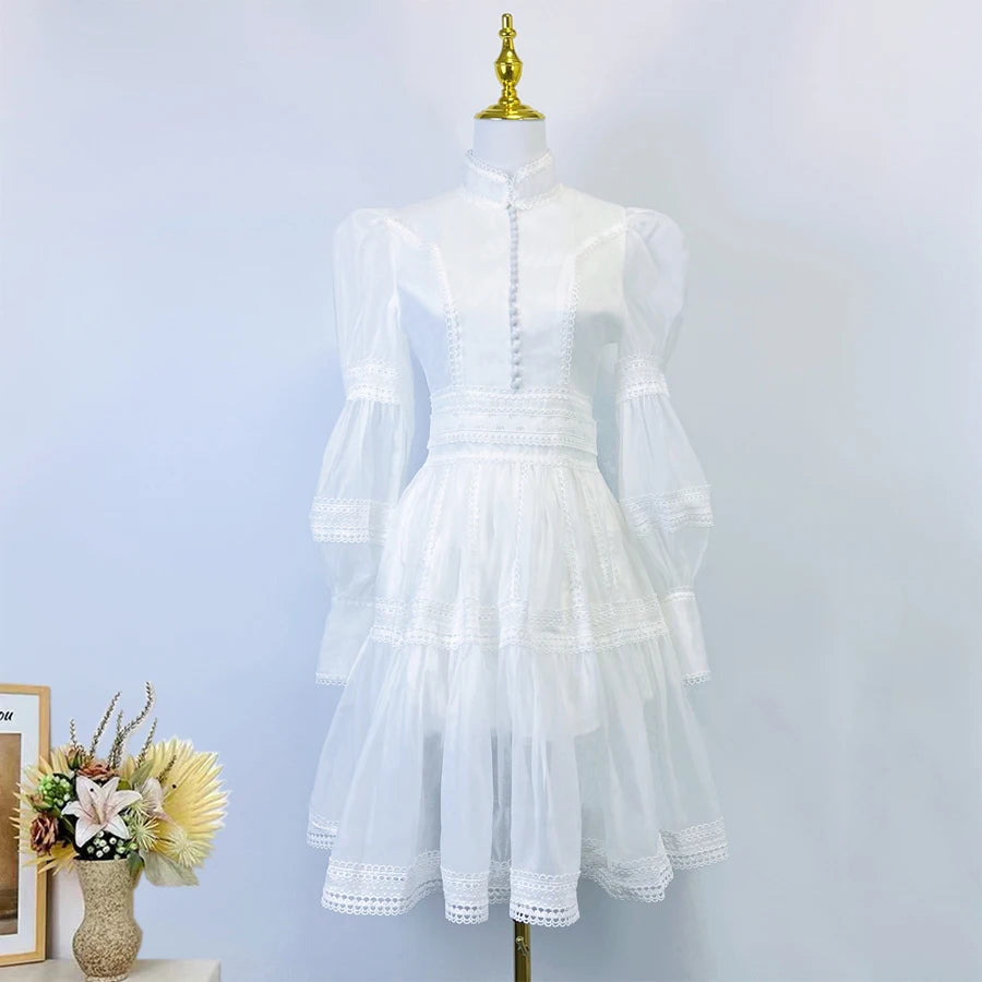 Runway Designer Embroidery Lace Patchwork Party Night Dress High Lantern Sleeve Stand A Line Vintage Elegant Dress white