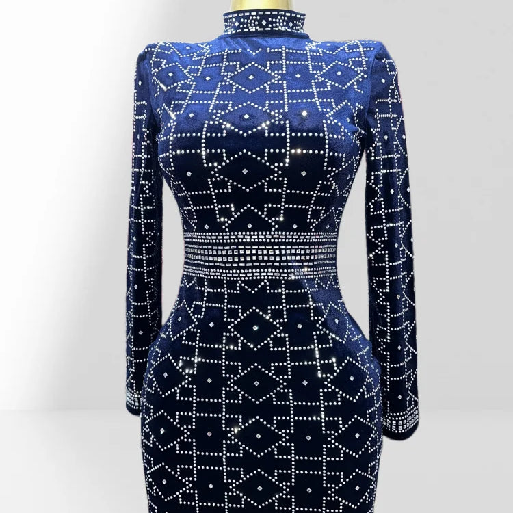 2025 New Dark Blue Velvet Luxury Diamonds O-neck Tuck Waist Mini Dress Fashion Woman Party Dress Celebration Birthday Vestido Blue