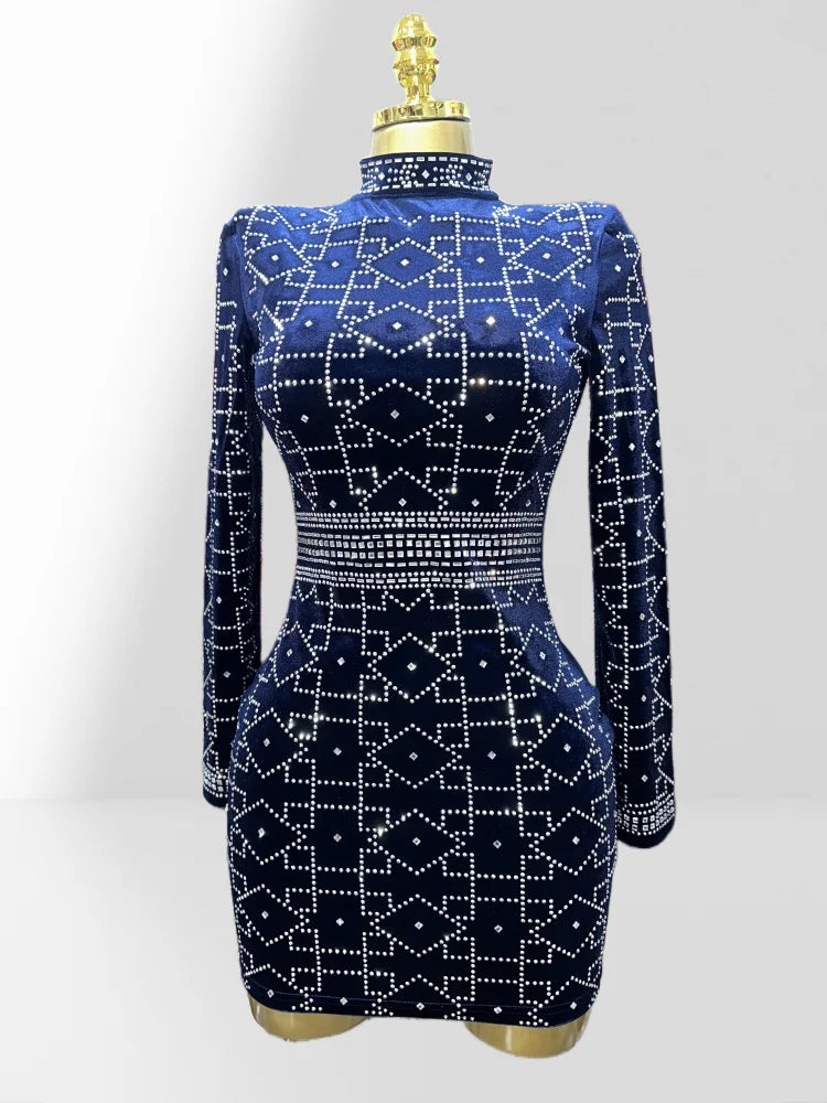 2025 New Dark Blue Velvet Luxury Diamonds O-neck Tuck Waist Mini Dress Fashion Woman Party Dress Celebration Birthday Vestido Blue