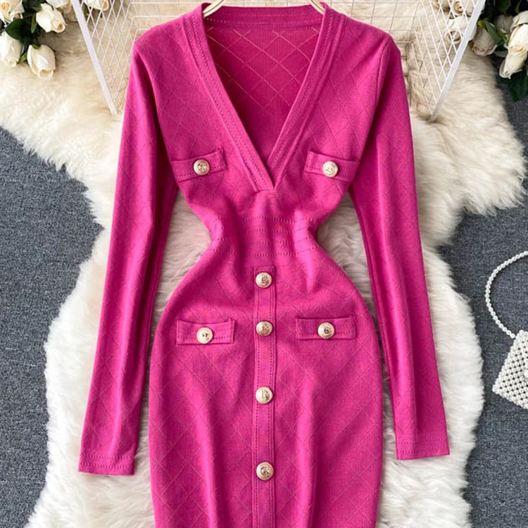 Women Knitted Pencil Dress Korean Long Sleeve V Neck Elastic Slim Dress Autumn Winter Sexy Bodycon Warm Sweater Dress