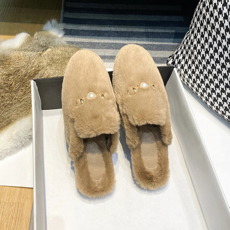 women's plush flat slippers Winter Home and Outdoor Shoes pearl decoration design Casual and office mules Large size 41-44 Khaki