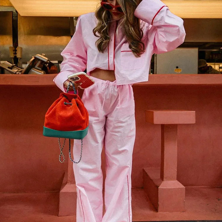 TRAFZA Woman New Fashion Suits Pink Turn-Down Collar Long Sleeves Single Breasted Short Shirts+Mid Waist Lace-Up Wide Leg Pants