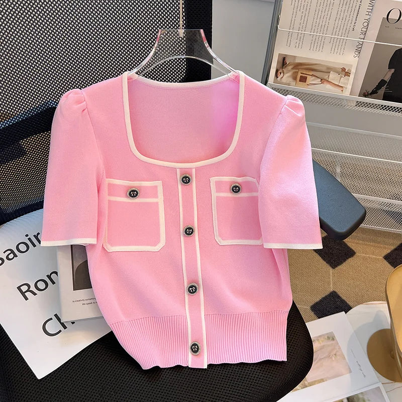 Summer Sweater Women's Knit T-shirt Casual Short Sleeve Woman Clothes Versatile Square Collar Lady Pullover Knitwear Tops Jumper Pink One Size