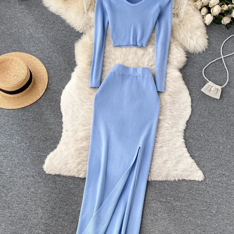 SINGREINY Autumn Sweater Two Pieces Suits Long Sleeves Knit Top+ Elatic Waist Slim Split Long Skirt Sets Women Warm Knitted Suit blue One Size