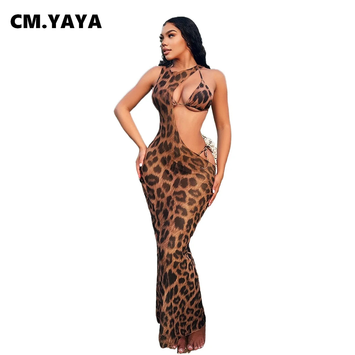 Women Beach Bikini Set with Cutout Leopard Printed Sexy Long Bodycon Swimsuit Three 2 Piece Set Swimwear Bathing Suit