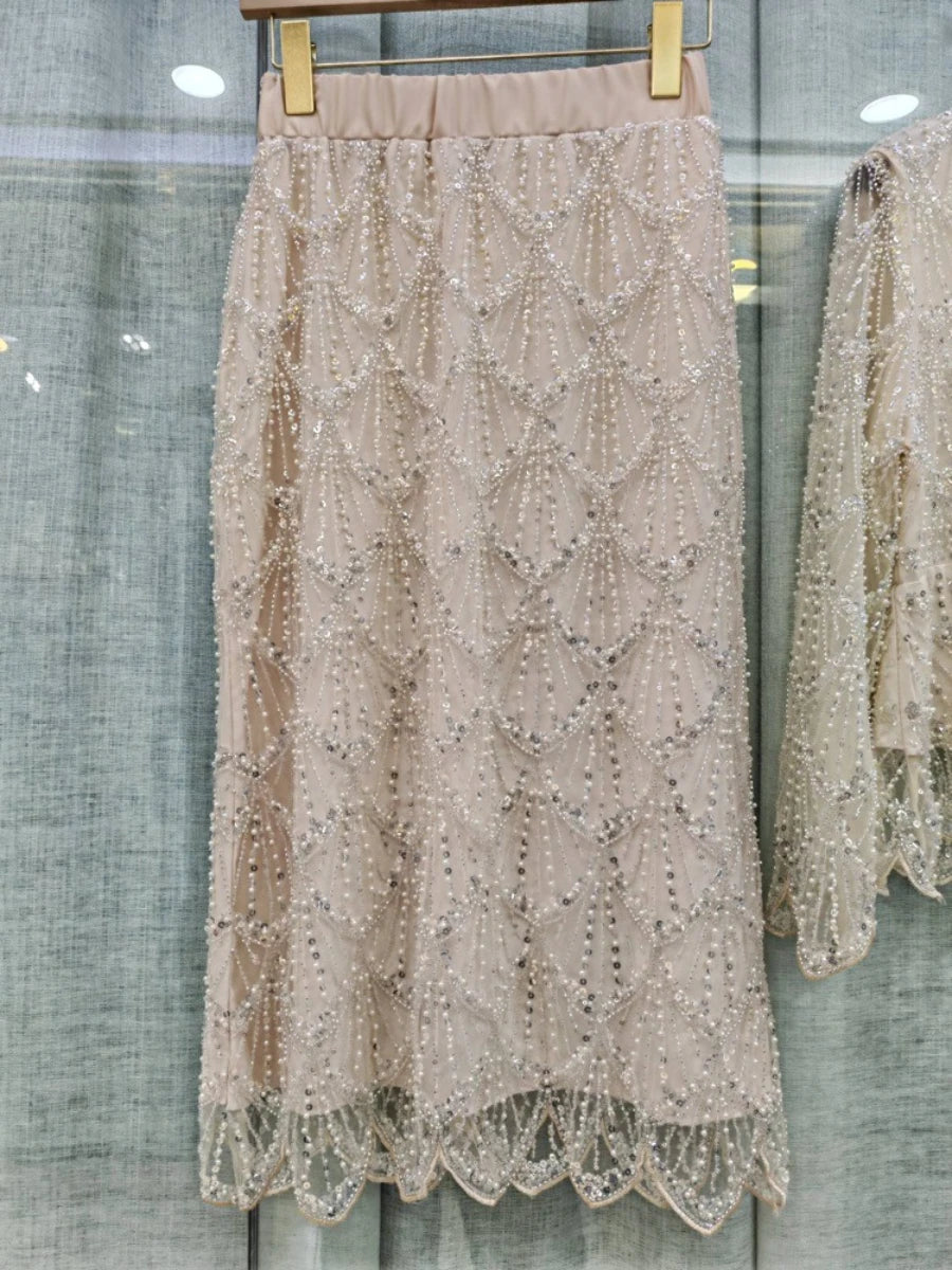 Spliced Bead Luxurious Two Piece Sets for Women Round Neck Long Sleeve Patchwork 3D Flower Top Skirt Set Female New