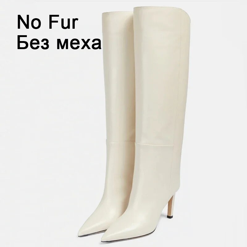Size 34-43 Women Knee High Boots Luxury Brand Sexy Super High Heels Shoes For Women Winter 2024 Leather Long Boots beige no fur
