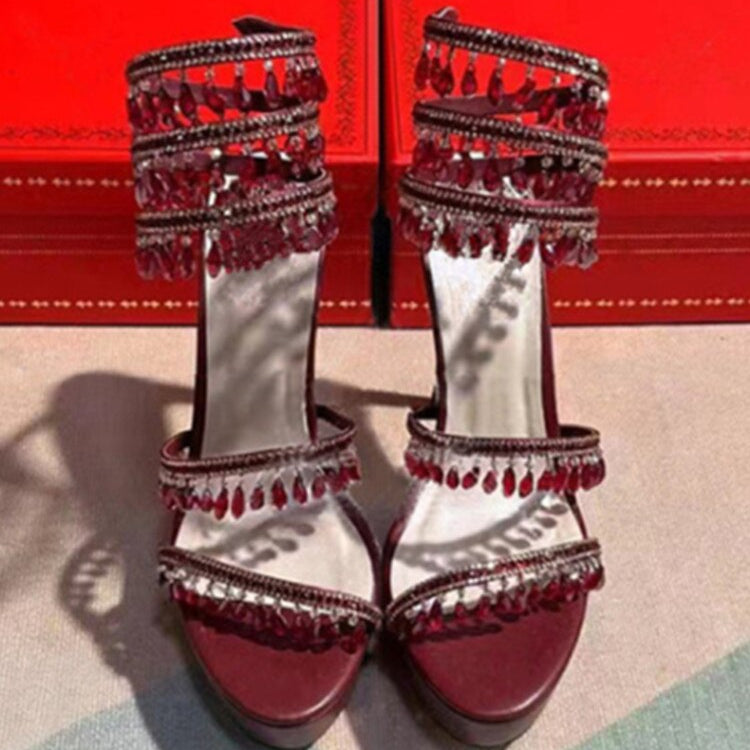 Summer New Round Toe Thick Sole Sandals with Snake Twisted Beaded Water Diamond Thin Heel High Heel Sandals for Women red