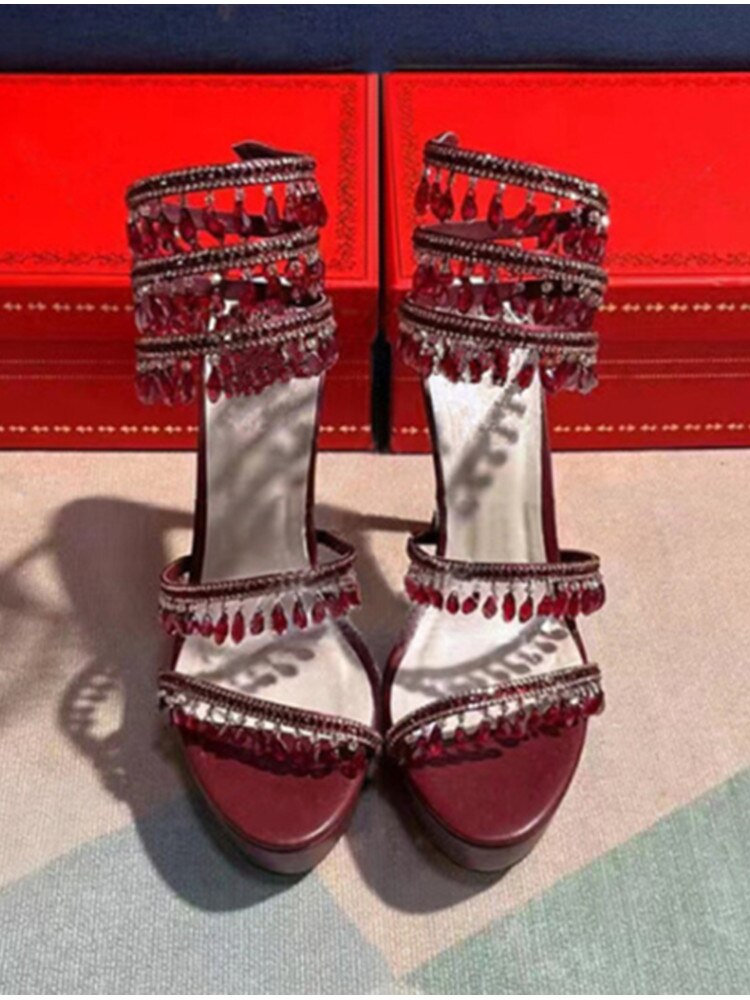 Summer New Round Toe Thick Sole Sandals with Snake Twisted Beaded Water Diamond Thin Heel High Heel Sandals for Women red