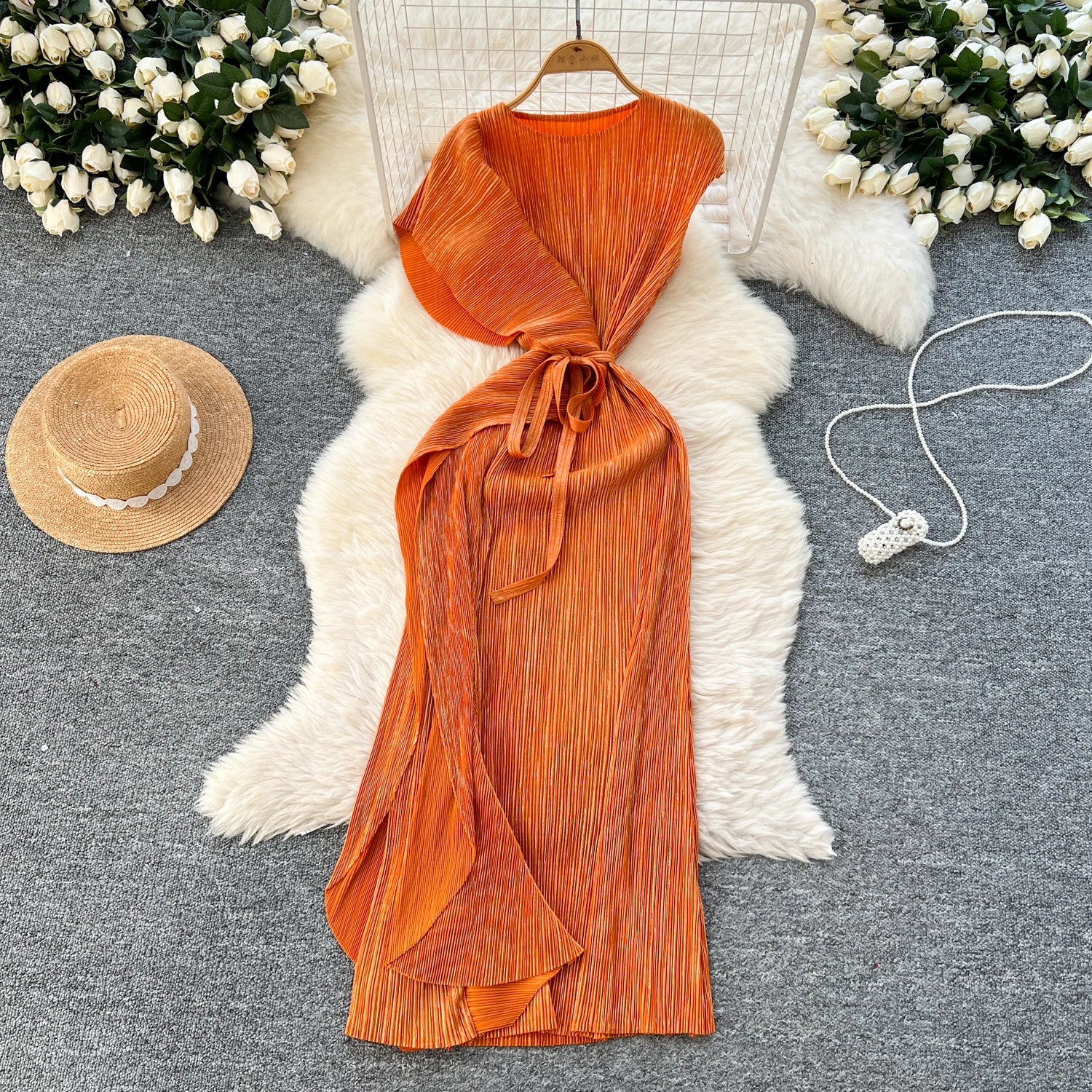 Chic asymmetrical sweet Spliced Elegant Korean Fashion Fairy Dresses Sexy High Waist A-line Vestidos Summer Women Vacation Orange red One Size