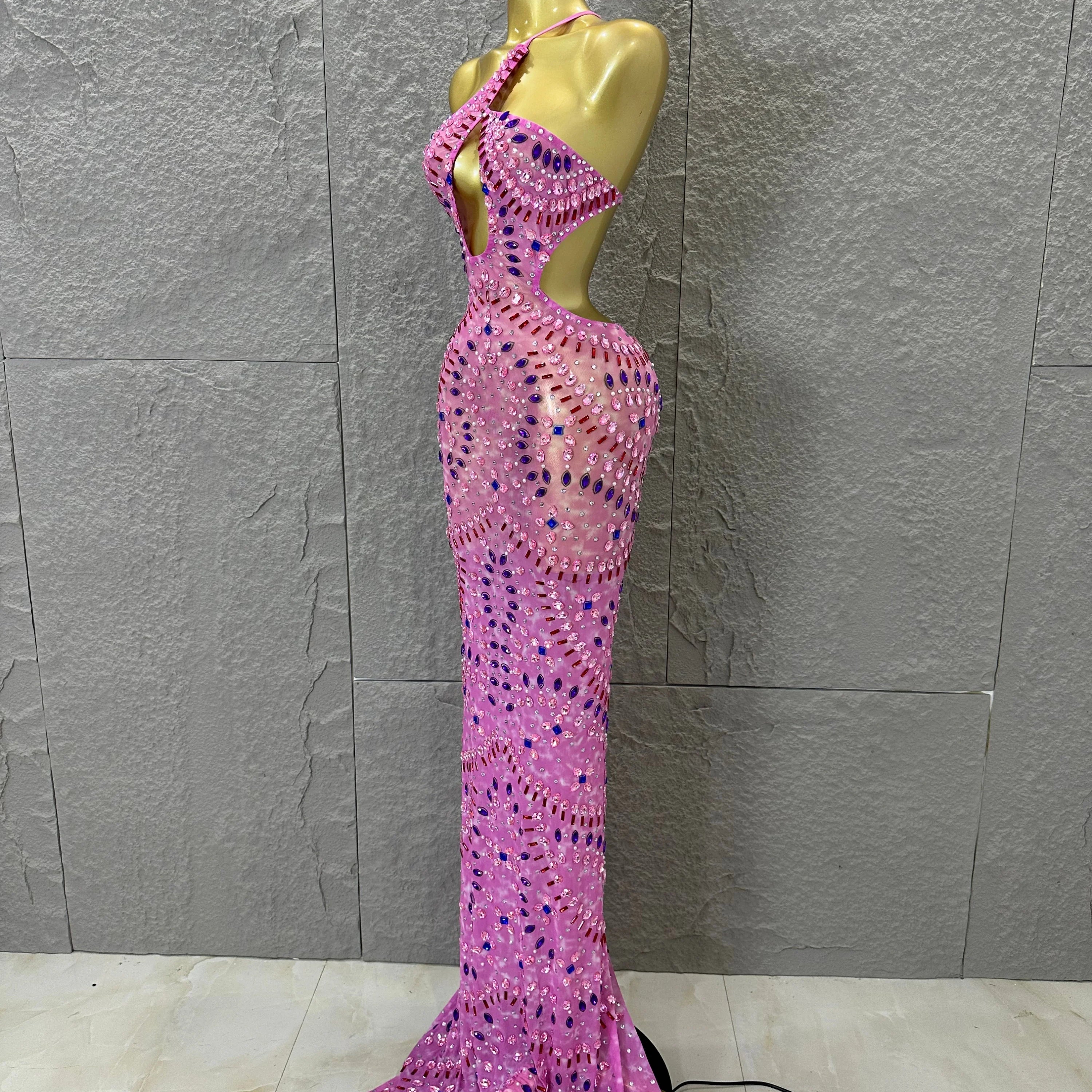 Women Sexy Cutout Full Crystal Embellished Bodycon Mermaid Outfit Sheer Mesh Maxi Dress Stage Performance Evening Party Costume