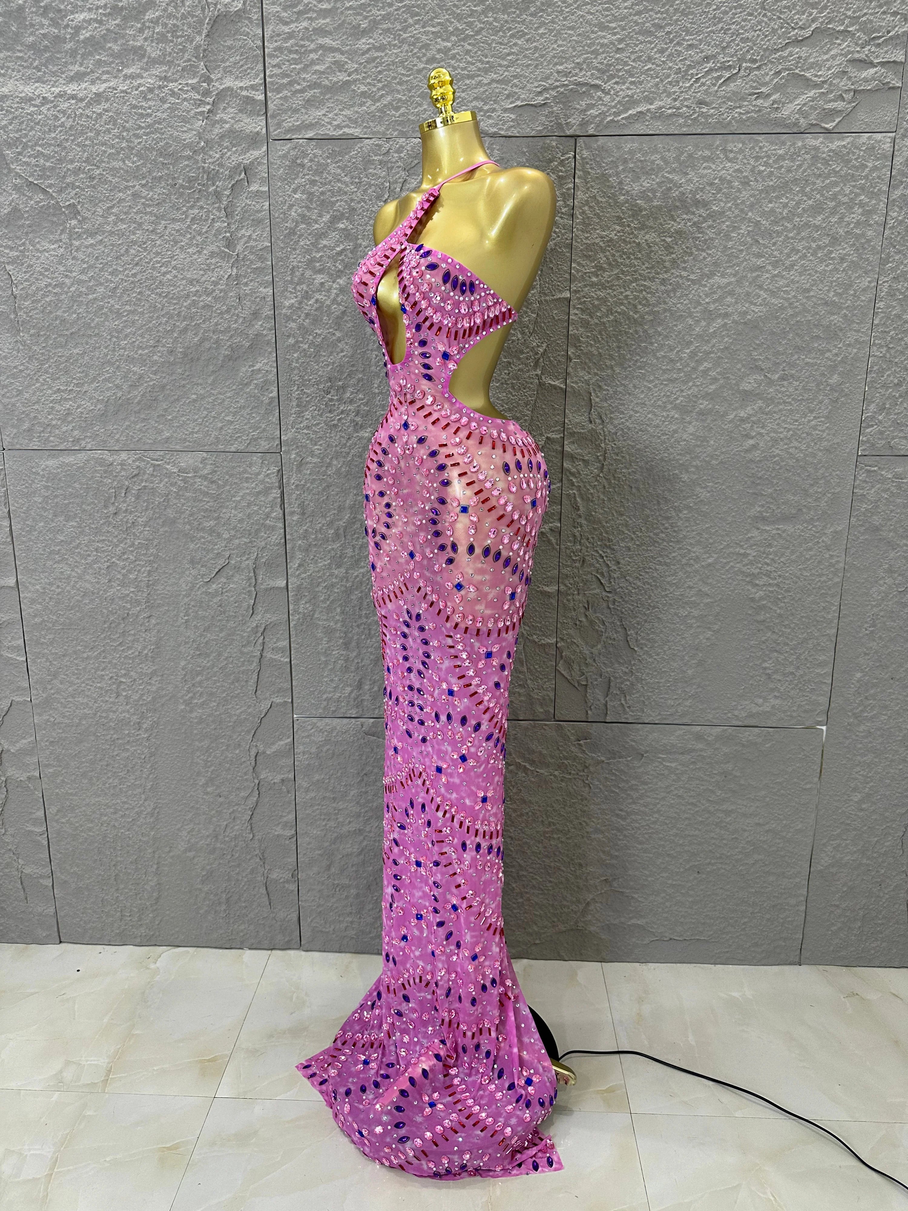Women Sexy Cutout Full Crystal Embellished Bodycon Mermaid Outfit Sheer Mesh Maxi Dress Stage Performance Evening Party Costume