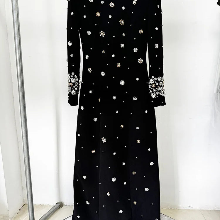2025 New Spring Women Long Sleeve Beading Crystal Fashion Slim Long Maxi Dress Celebrate Elegant Evening Party Cocktail Dress black