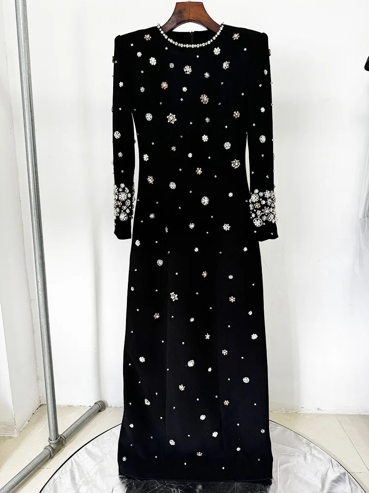 2025 New Spring Women Long Sleeve Beading Crystal Fashion Slim Long Maxi Dress Celebrate Elegant Evening Party Cocktail Dress black