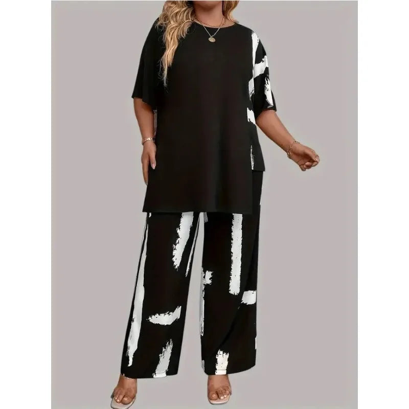 Plus Size Womens Brush Print Elegance Short Sleeve Round Neck Split Top & Matching Pants 2 Piece Outfit Set
