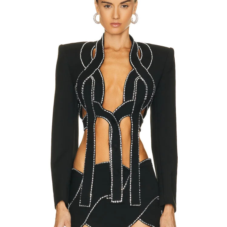 Special Design Suit Woman Set Shining Diamonds Crop Jacket And Mini Dress 2 Pieces Stylish Evening Party Outfit black