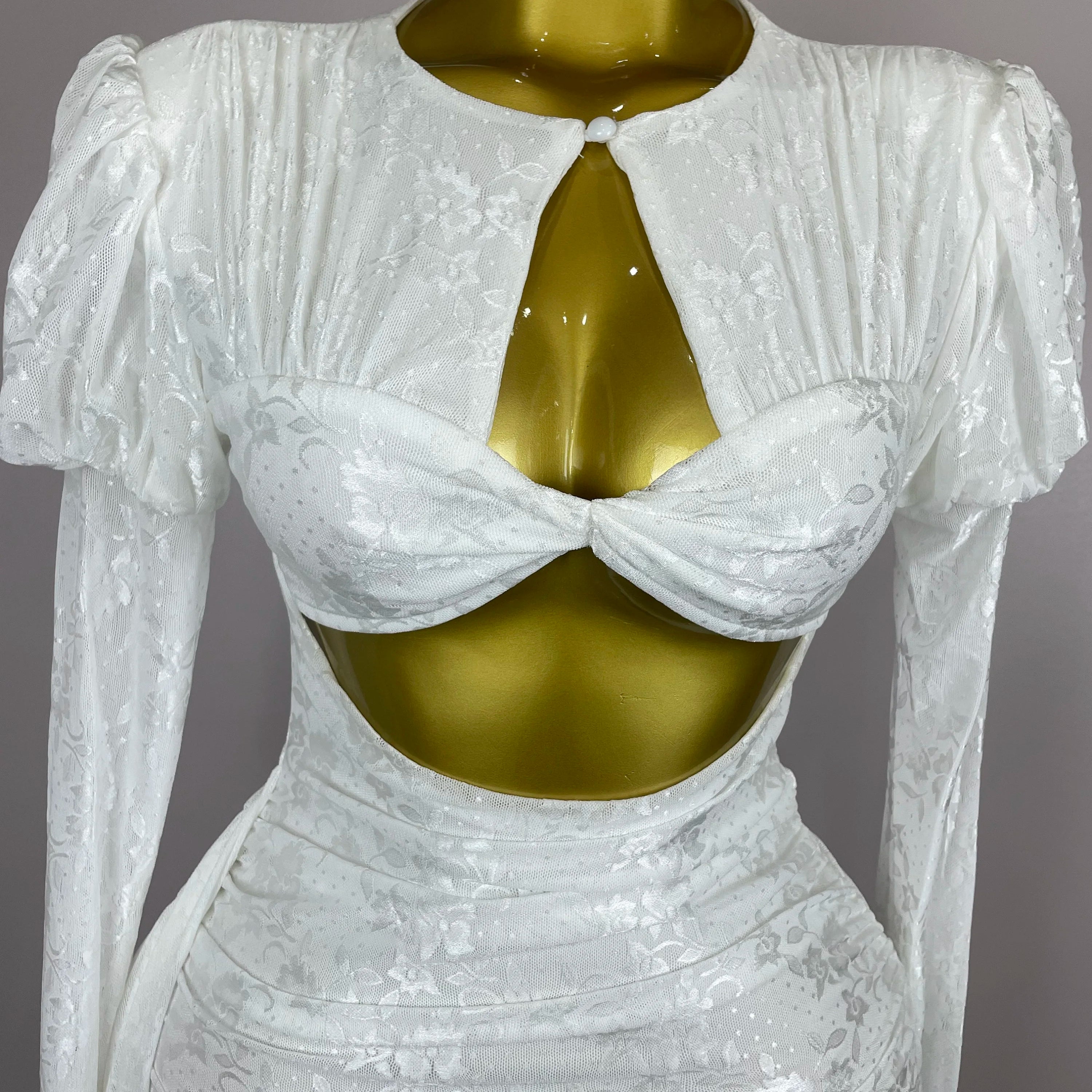 2025Women White Birthday Dress Fashion Long Sleeve O Neck Cut Out Bodycon Mini Trailing One Piece Celebrity Evening Club Dresses