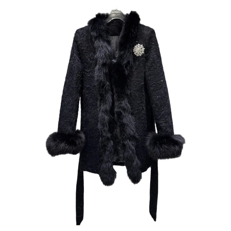 Winter New Fashion Diamond Fox Fur Collar Waist Belt Cotton Coat For Women Lace-up Waisted Jacket Female 11A07796