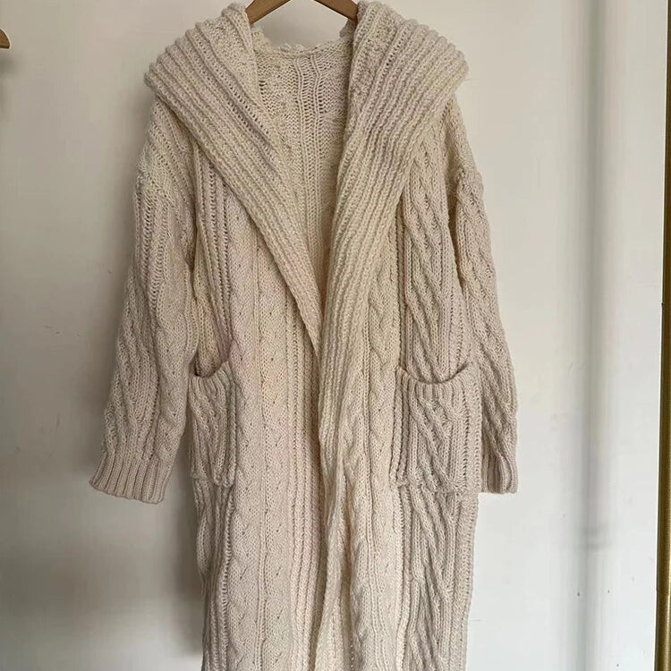 ZA-2024 new autumn and winter women's hooded eight-strand knitted jacket fashionable long cardigan jacket