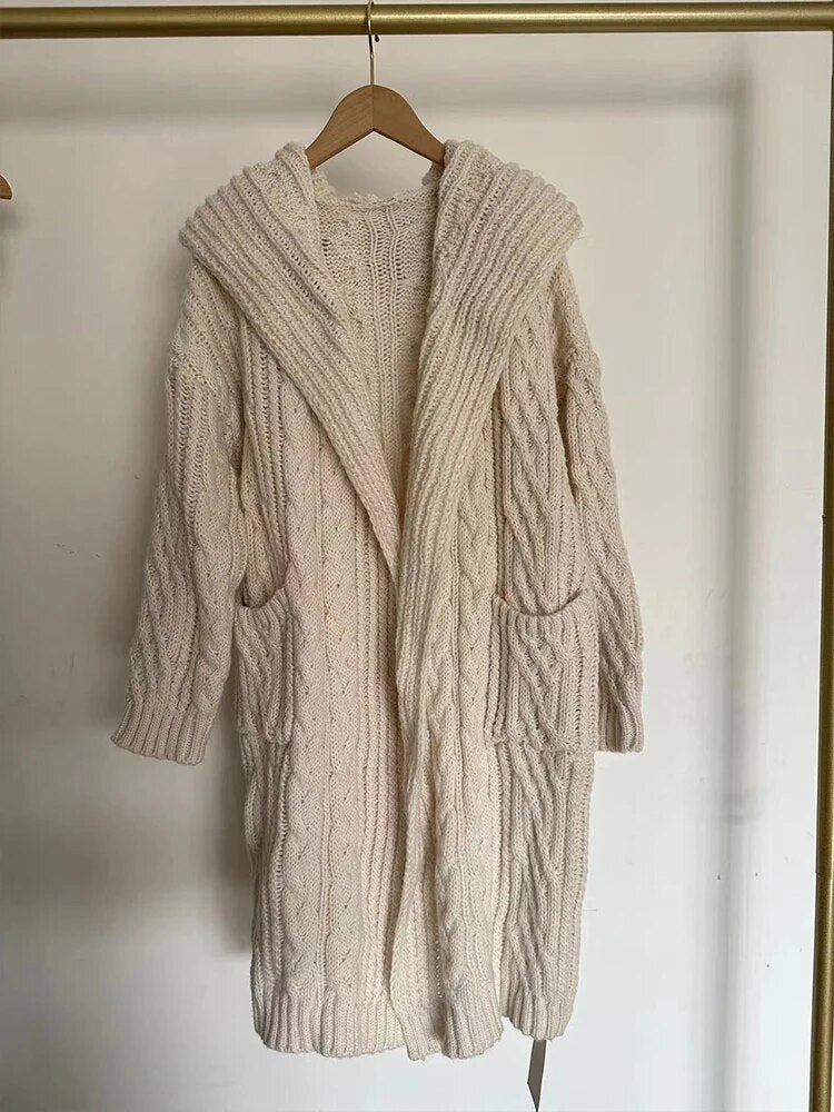 ZA-2024 new autumn and winter women's hooded eight-strand knitted jacket fashionable long cardigan jacket