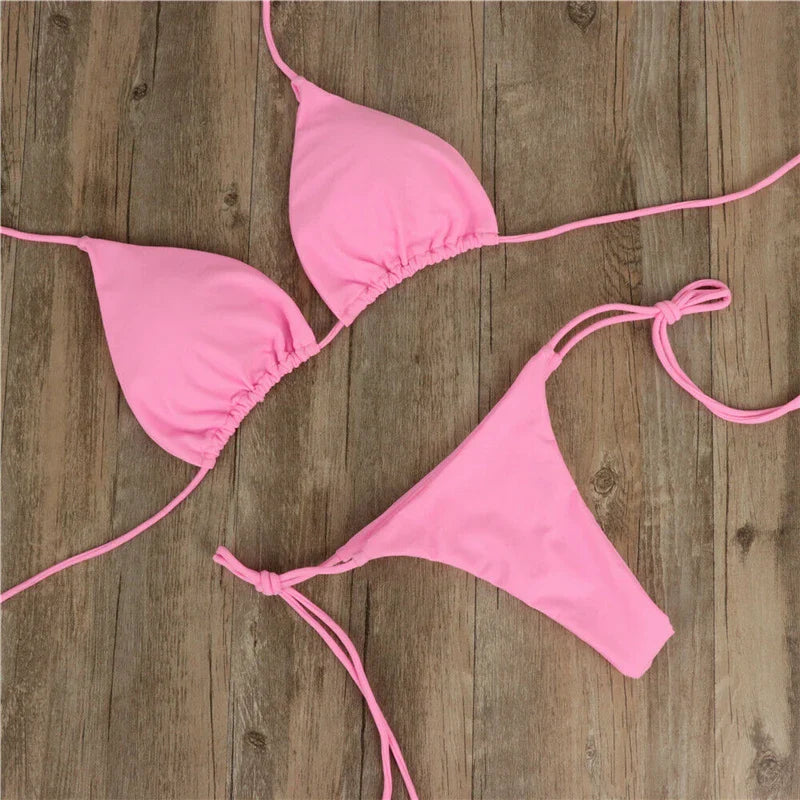 Sexy Micro Bikini Sets Thong Triangle Swimsuit Brazlian Bathing Suit Summer Solid Swimwear Biquini Swimming Pool Beachwear 2023 Pink 2