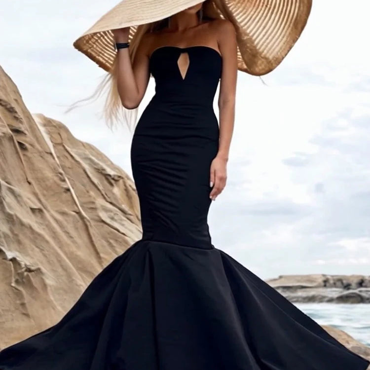 Black Sleeveless Mermaid Bandage Long Dress Sexy Key Hole Open Back Floor Length Court Train Gown Evening Party Wear