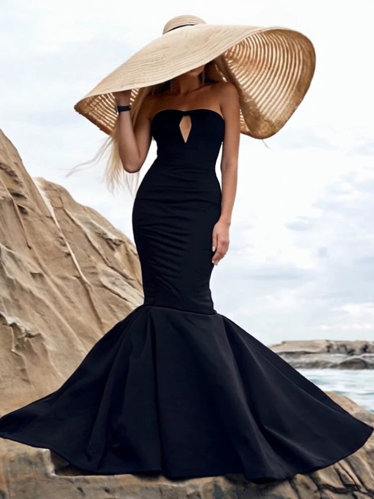 Black Sleeveless Mermaid Bandage Long Dress Sexy Key Hole Open Back Floor Length Court Train Gown Evening Party Wear
