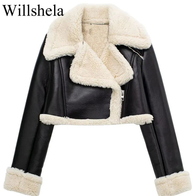 Willshela Women Fashion Solid Front Zipper Jackets Vintage Lapel Neck Long Sleeves Female Chic Lady Outfits