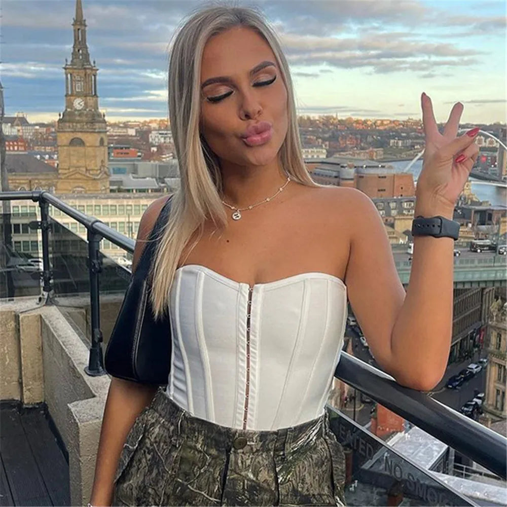 2023 New Summer Women Sexy Strapless Bodycon Short Bandage Tops Laced Up Club Night Party Wear High Quality