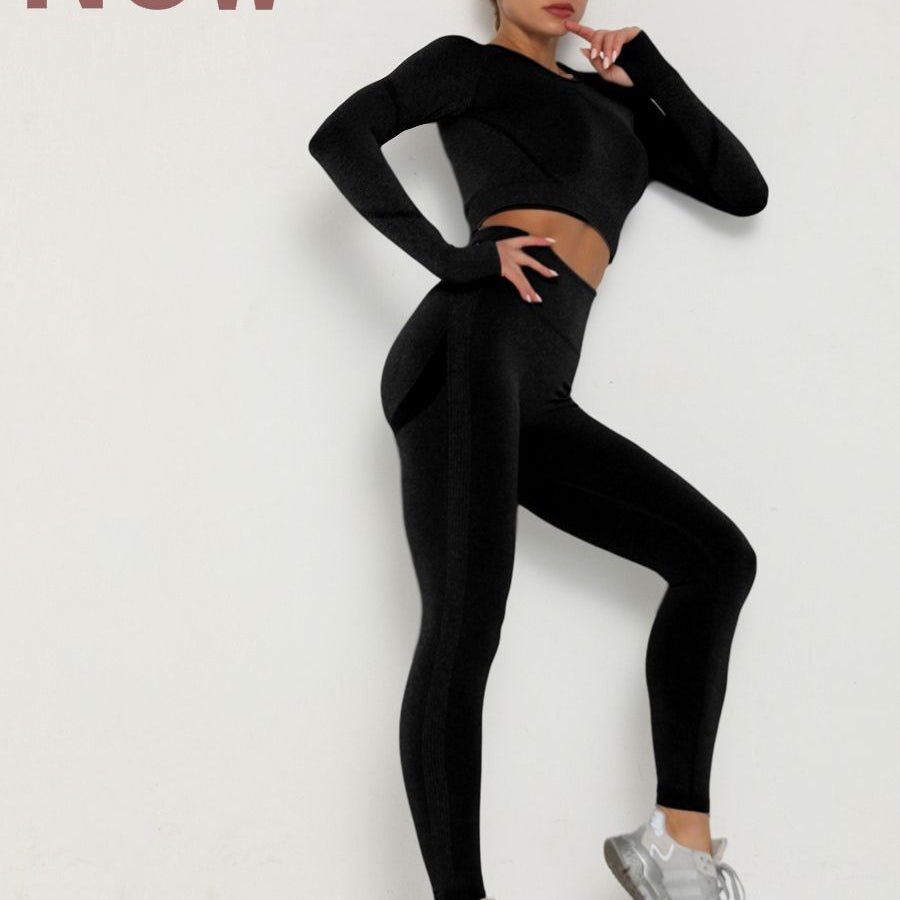Women's Sets Skinny Tracksuit Breathable Bra Long Sleeve Top Seamless Outfits High Waist Push Up Leggings Gym Clothes Sport Suit New Set Black