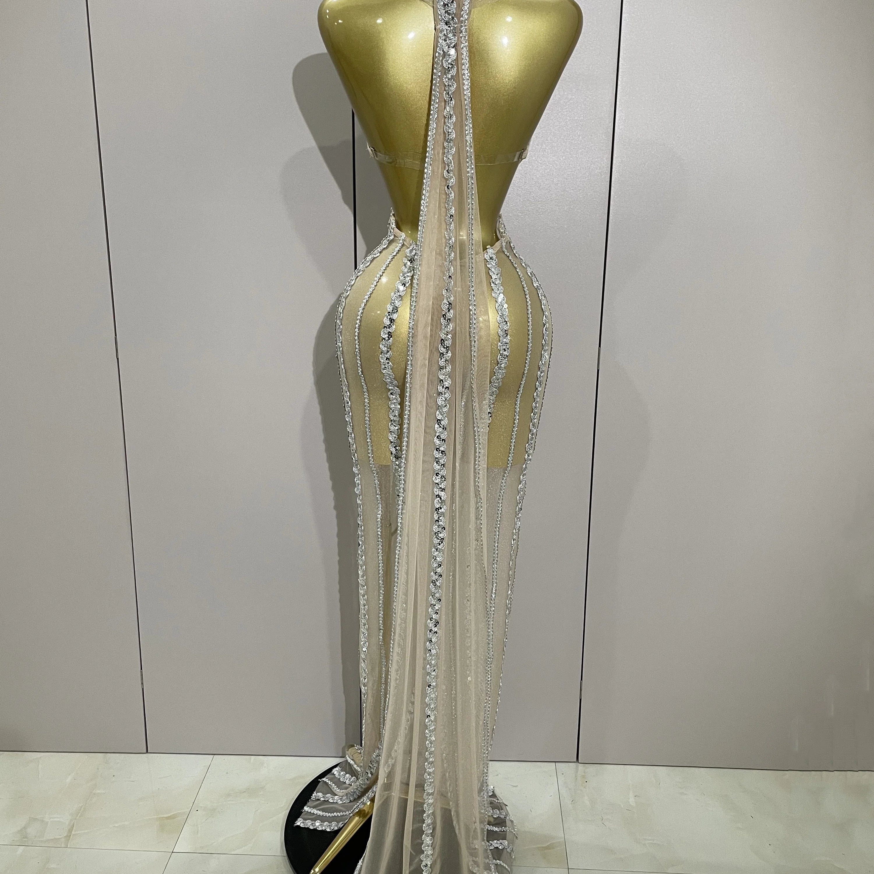 Luxury Sparkly Diamonds Sequins Sexy Mesh See Through Long Dress 2025 Women Celebrate Birthday party Dresses Festival Costume