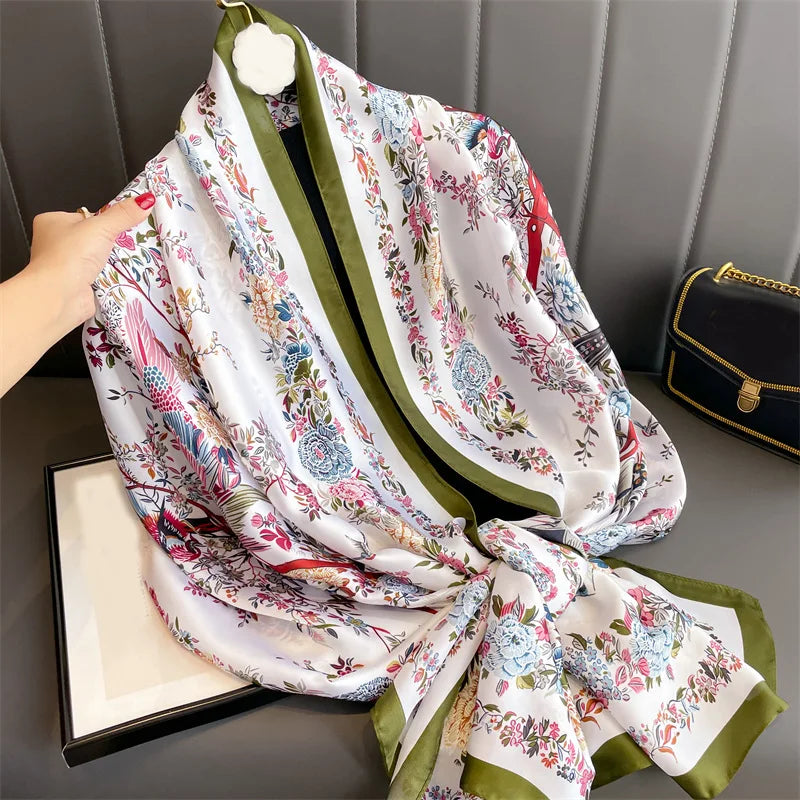180*90cm Elegant Print Large Size Scarves Women Soft Silk Scarf Sun Protection Shawl Hijab Bandanna Foulard Muffler