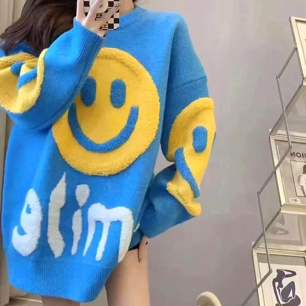 Y2k O-Neck Crochet Kintted Sweater Women Smile Loose Top E-girl Pullovers Spring Autumn Winter Jumper Sueter Streetwear blue onesize