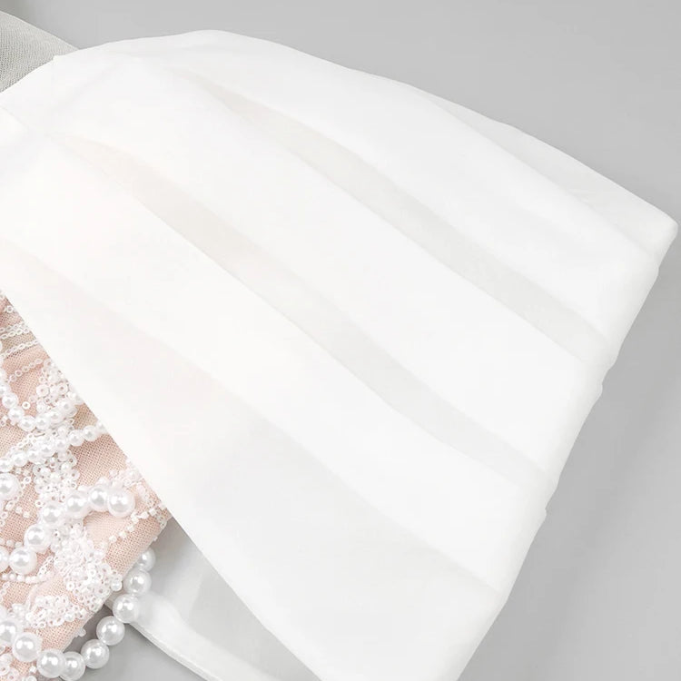 Beige Spilced Folds Short Dress Off The Shoulder Pearl Sequins Beading Chains Mini Cocktail Evening Party Vestido