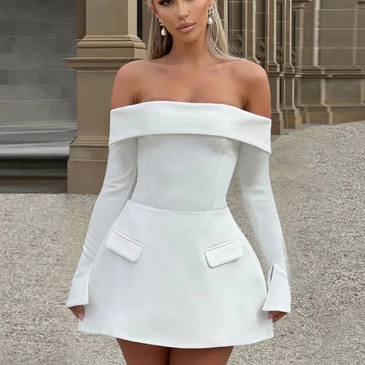 Off-shoulder Long Sleeve Sexy Mini Dress For Women Two Pocket Strapless Backless A-line Club Party Sexy Dress Elegant
